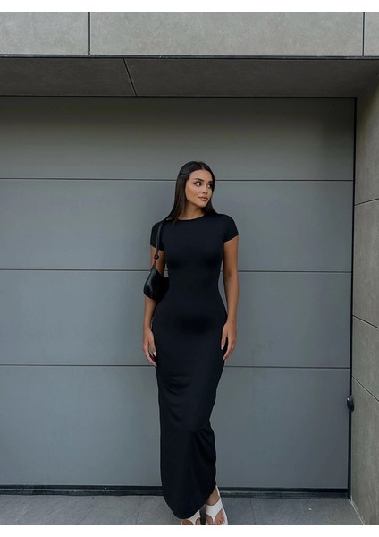 Kadın Siyah Vücuda Oturan Esnek Kısa Kollu Maxi Kylie Elbise Günlük Basic Uzun Elbise Iç Göstermez