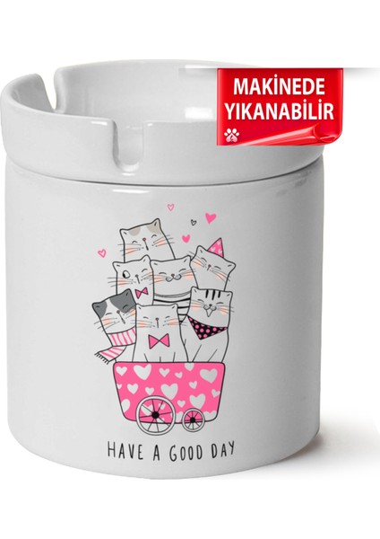 Çakılap Sevimli Kedi Baskılı Porselen At-Söndür Küllük (Kl-Hyvn-Kedi)