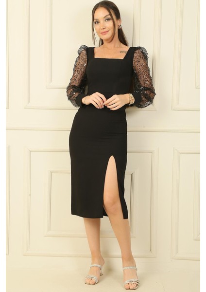 Kare Yaka Kolları Pulpayet Tüllü Elbise fiyatları