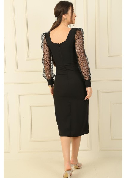 Kare Yaka Kolları Pulpayet Tüllü Elbise fırsatları