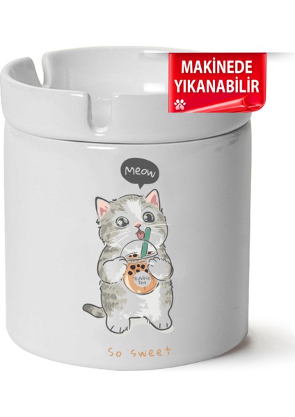 Çakılap Sevimli Kedi Baskılı Porselen At-Söndür Küllük (Kl-Hyvn-Kedi)