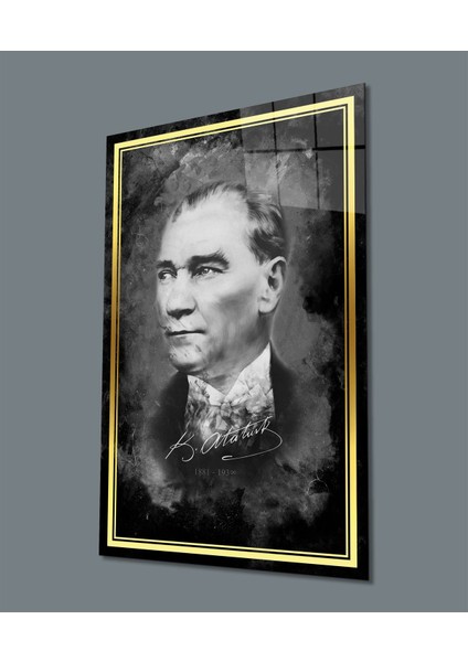 Gold Şerit Atatürk Portresi Siyah Beyaz Cam Tablo, Uv Baskılı ve Temperli, Hediyelik