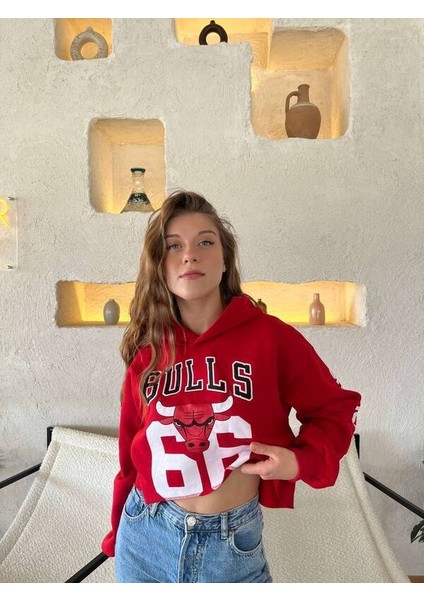 Kapüşonlu Crop Şardonlu Kadın Sweatshirt