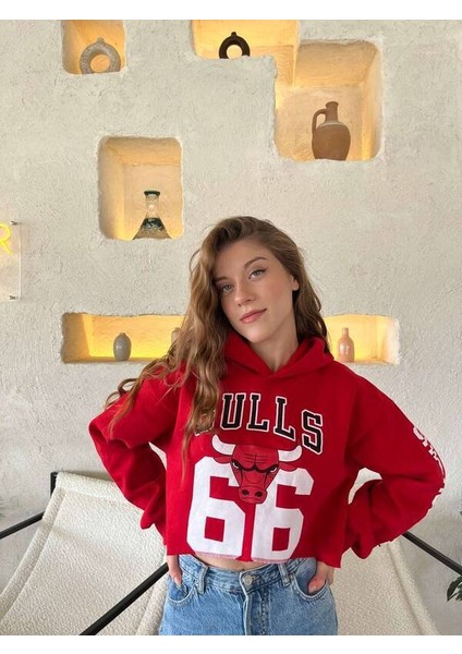 Kapüşonlu Crop Şardonlu Kadın Sweatshirt