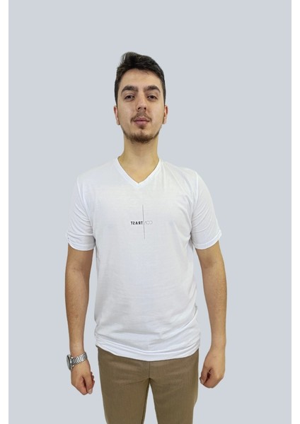 Erkek Contrast V Yaka Beyaz Tişört