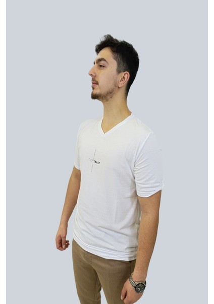 Erkek Contrast V Yaka Beyaz Tişört fiyatları