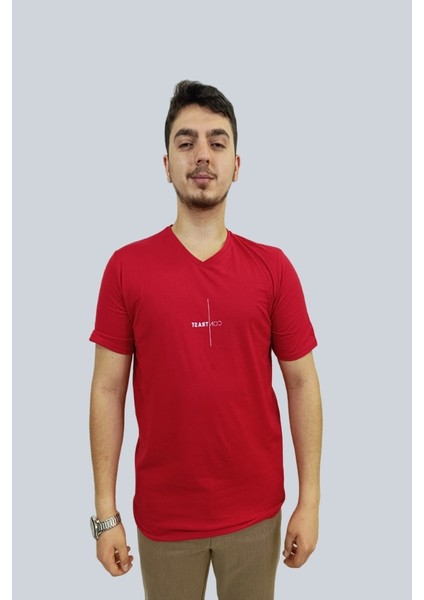 Erkek Contrast V Yaka Kırmızı Tişört