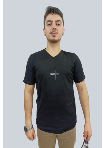 Erkek Contrast V Yaka Siyah Tişört modelleri