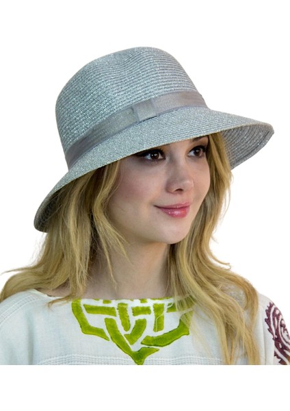 Yazlık Kadın Şeritli Hasır Şapka 1407 Gri