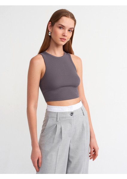 20820 Dikiş Efektli Crop Top-Füme