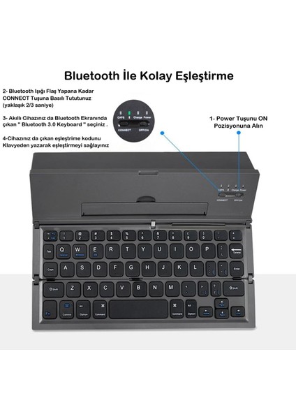 Bluetooth Klavye Kablosuz Mini Şarjlı Telefon Tablet Için Klavye Kendinden Standlı Katlanır Taşınır