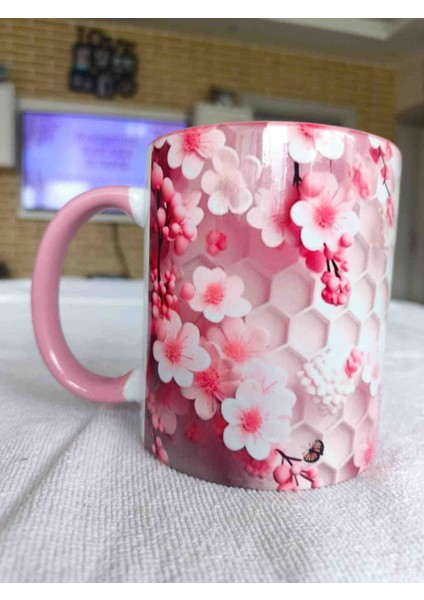 Mugs And Love Pembe Çiçekler 3D Baskı Büyük Boy Kupa