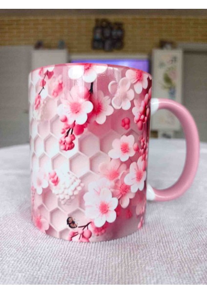 Mugs And Love Pembe Çiçekler 3D Baskı Büyük Boy Kupa