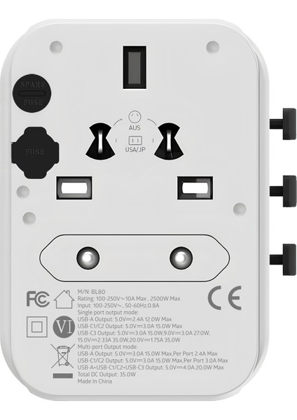 BL80 Universal Seyehat Şarj Adaptörü Çoklu Priz dönüştürücü White