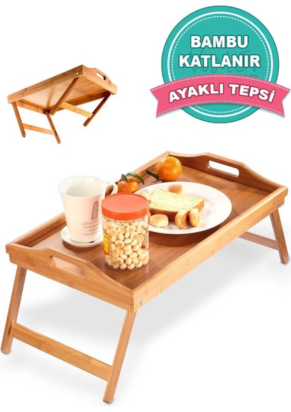 Bambu Katlanır Ayaklı Tepsi Büyük Boy Portatif Kahvaltı Çay Servis Sunum Tepsisi