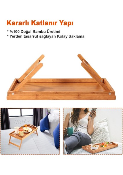Bambu Katlanır Ayaklı Tepsi Büyük Boy Portatif Kahvaltı Çay Servis Sunum Tepsisi