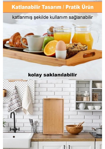 Bambu Katlanır Ayaklı Tepsi Büyük Boy Portatif Kahvaltı Çay Servis Sunum Tepsisi