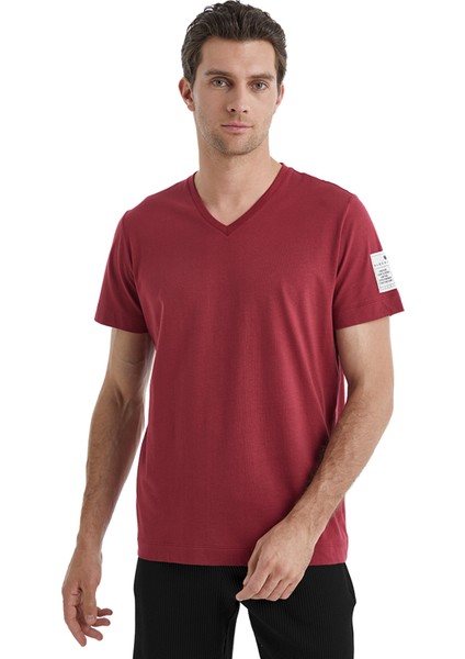 V Yaka Baskılı Bordo Erkek T-Shirt 40450 fiyatları