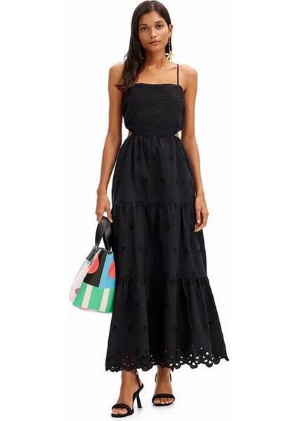 Kare Yaka Düz Siyah Uzun Kadın Elbise 24SWVW12