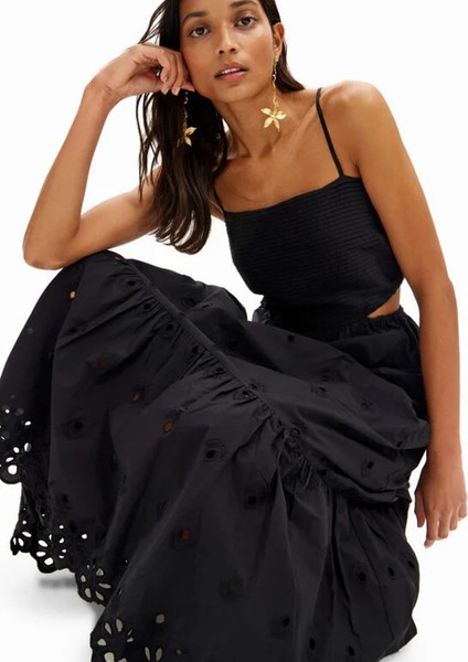 Kare Yaka Düz Siyah Uzun Kadın Elbise 24SWVW12 fiyatları