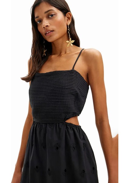 Kare Yaka Düz Siyah Uzun Kadın Elbise 24SWVW12 modelleri