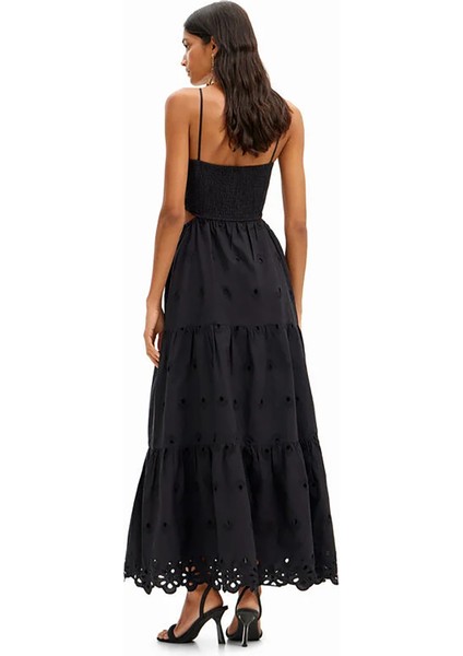 Kare Yaka Düz Siyah Uzun Kadın Elbise 24SWVW12 fırsatları