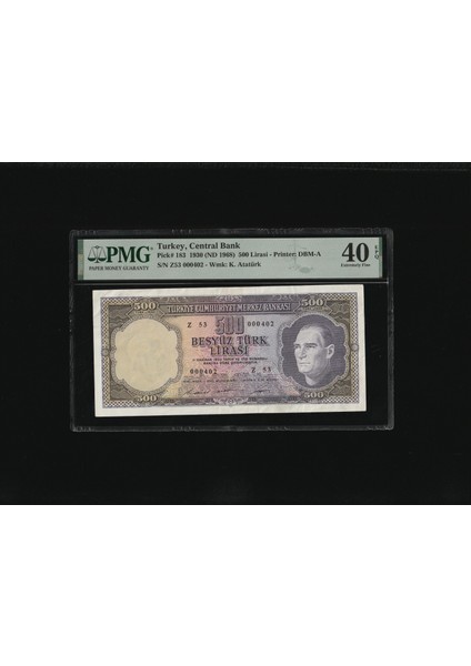 500 Tl Beşyüz Türk Lirası 1968 P 183 Pmg 40 Ççt S/n Z53 000402 / 5. Ems 4.tertip