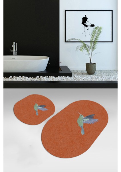 Dijital Baskılı Kaymaz Yıkanabilir Kuş Desen Oval Banyo Takımı Klozet Takımı, N-O-Klozet-36-Turuncu,