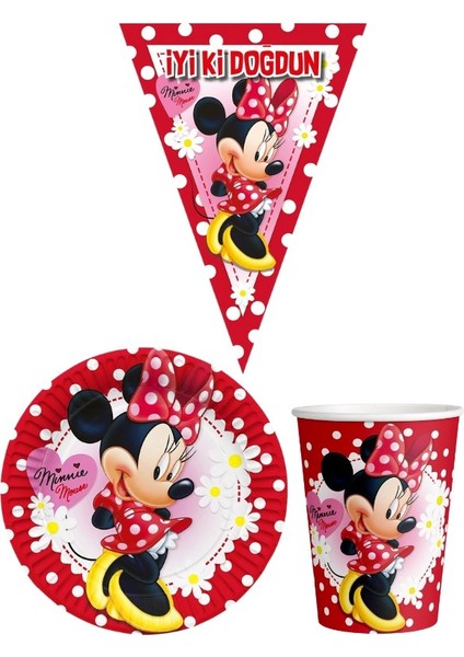 Minnie Mouse Kırmızı 8 Kişilik Kız Doğum Günü Mini Set Kız Çocuk Parti Seti Süsleme