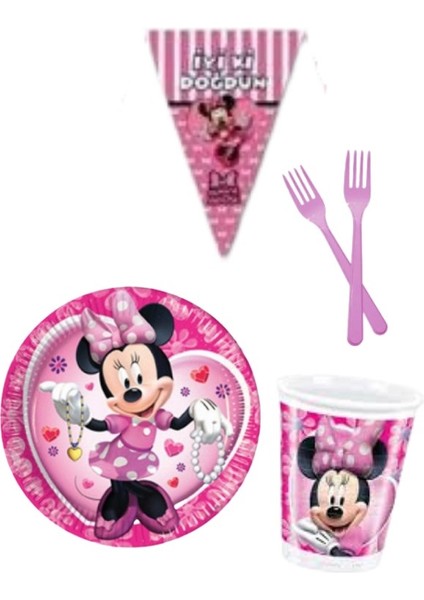 Minnie Mouse Pembe 8 Kişilik Kız Doğum Günü 4 Parçalı Mini Set Kız Çocuk Parti Seti Süsleme