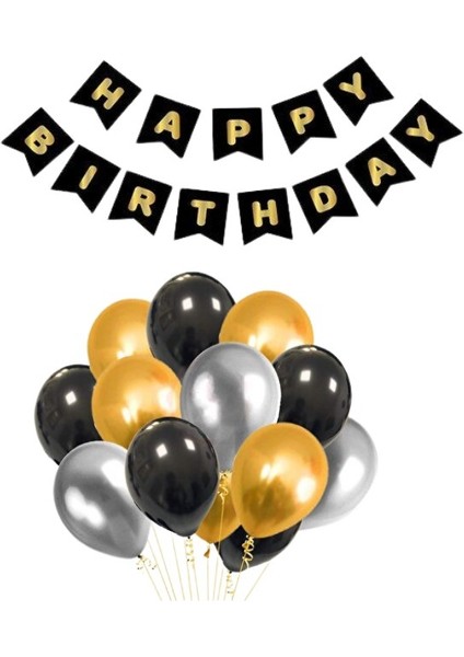 Siyah Karton Üzeri Gold Altın Sarısı Yaldızlı Happy Birthday Yazılı Doğum Günü Partisi Yazı Banner Süs Ve 20 Adet (Gold,Gümüş Ve Siyah) balon Süsleme
