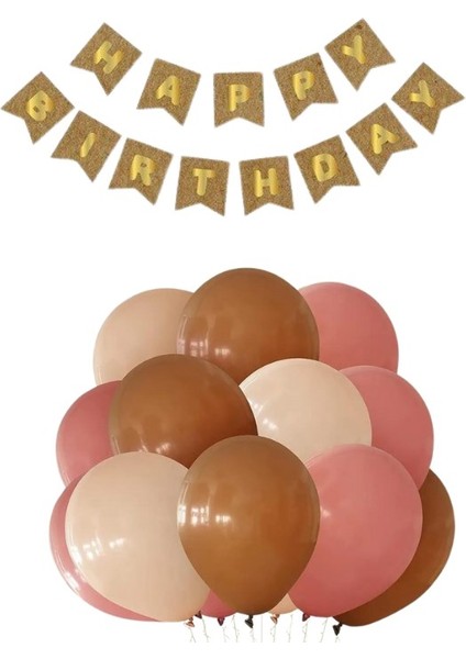 Kraft Karton Üzeri Gold Altın yaldızlı Happy Birthday Yazılı Doğum Günü Partisi Yazı Banner Süs Ve 20 Adet (Ten ,Pembe Ve Kahverengi) Balon Süsleme Se