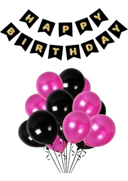 Siyah Karton Üzeri Gold Altın Yaldızlı Happy Birthday Yazılı Doğum Günü Partisi Yazı Banner Süs Ve 20 Adet (Siyah Ve Fuşya,) Balon Süsleme Seti