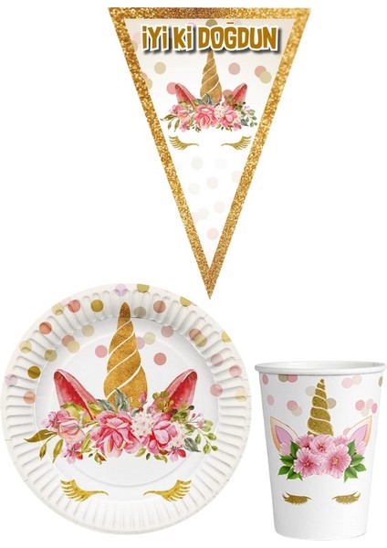 Unicorn Çiçekli 8 Kişilik Kız Doğum Günü Mini Set Kız Çocuk Parti Seti Süsleme