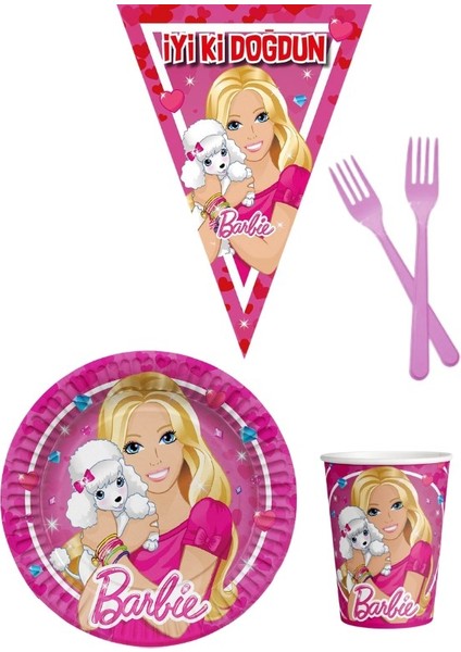 Barbie 8 Kişilik Kız Doğum Günü 4 Parçalı Mini Set Kız Çocuk Parti Seti Süsleme