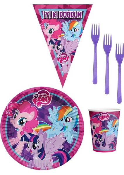 Pony 8 Kişilik Kız Doğum Günü 4 Parçalı Mini Set Kız Çocuk Parti Seti Süsleme