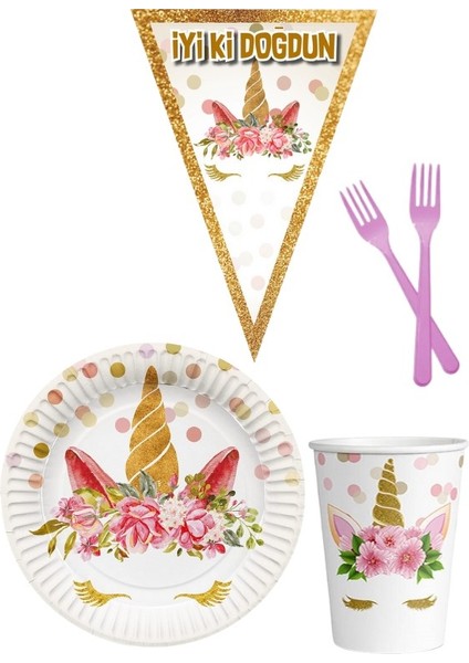Unicorn Çiçekli 8 Kişilik Kız Doğum Günü 4 Parçalı Mini Set Kız Çocuk Parti Seti Süsleme