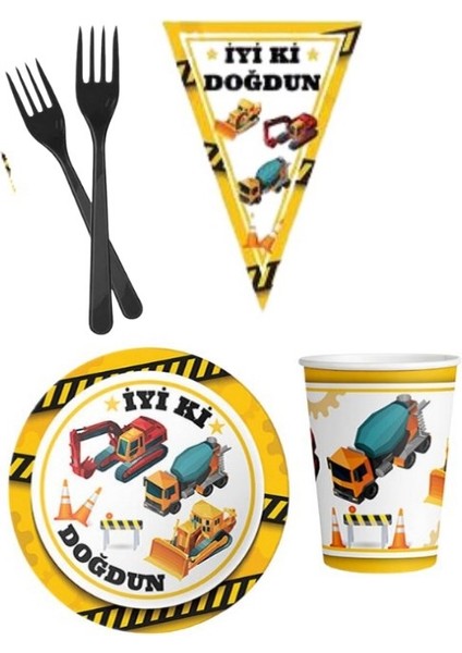 Inşaat 8 Kişilik Erkek Doğum Günü 4 Parçalı Mini Set Erkek Çocuk Parti Seti Süsleme