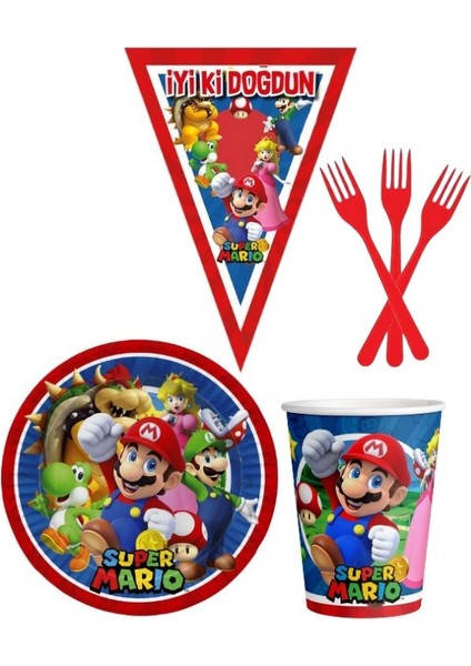 Super Mario 8 Kişilik Erkek Doğum Günü 4 Parçalı Mini Set Erkek Çocuk Parti Seti Süsleme