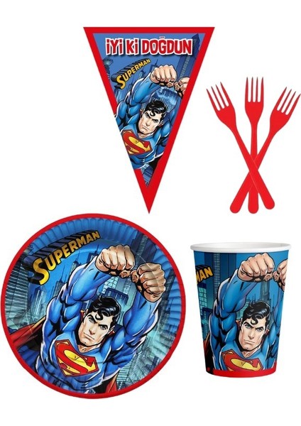 Superman 8 Kişilik Erkek Doğum Günü 4 Parçalı Mini Set Erkek Çocuk Parti Seti Süsleme