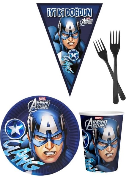 Kaptan Amerika 8 Kişilik Erkek Doğum Günü 4 Parçalı Mini Set Erkek Çocuk Parti Seti Süsleme