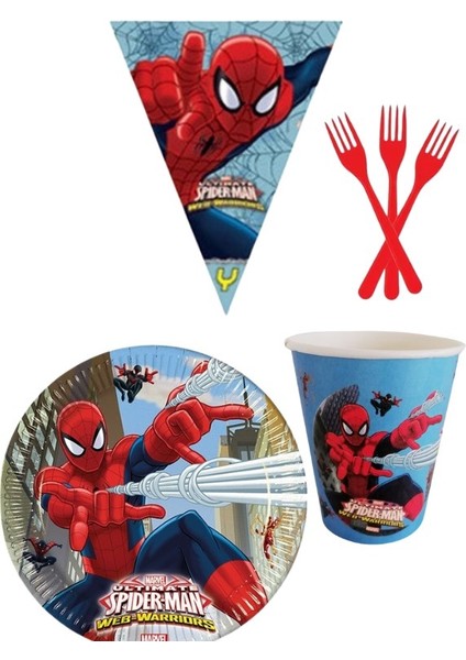 Spıderman 8 Kişilik Erkek Doğum Günü 4 Parçalı Mini Set Erkek Çocuk Parti Seti Süsleme