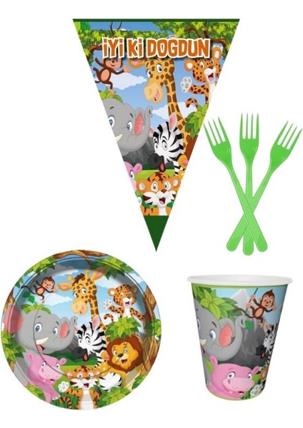 Safari 8 Kişilik Erkek Doğum Günü 4 Parçalı Mini Set Erkek Çocuk Parti Seti Süsleme