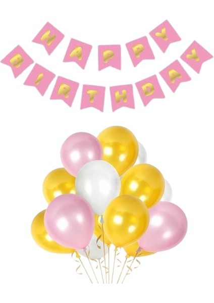 Pembe Karton Üzeri Gold Altın Yaldızlı Happy Birthday Yazılı Doğum Günü Partisi Yazı Banner Süs Ve 20 Adet (Beyaz,Gold Ve Pembe,) Balon Süsleme Seti