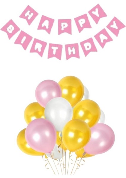 Pembe Karton Üzeri Gümüş Gri Yaldızlı Happy Birthday Yazılı Doğum Günü Partisi Yazı Banner Süs Ve 20 Adet (Beyaz,Gold Ve Pembe,) Balon Süsleme Seti