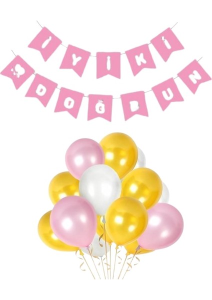 Pembe Karton Üzeri Gümüş Gri Yaldızlı Iyiki Doğdun yazılı Doğum Günü Partisi Yazı Banner Süs Ve 20 Adet (Beyaz,Gold Ve Pembe,) Balon Süsleme Seti