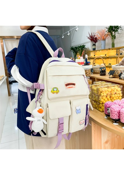Öğrenci Okul Çantası Dört Parçalı Yeni Kore Moda Naylon Sırt Çantası Kadın Büyük Kapasiteli Sırt Çantası (Yurt Dışından) indirimleri