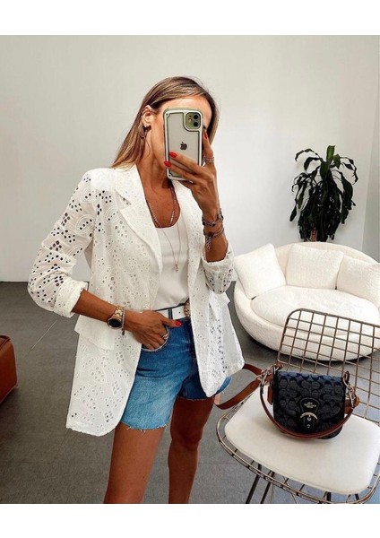 Kadın Güpürlü Ekru Blazer Yazlık Ceket
