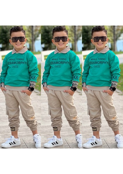 Gömlek Yaka Sweatshırt ve Gabardin Kargo Pantolon Erkek Çocuk Kombin