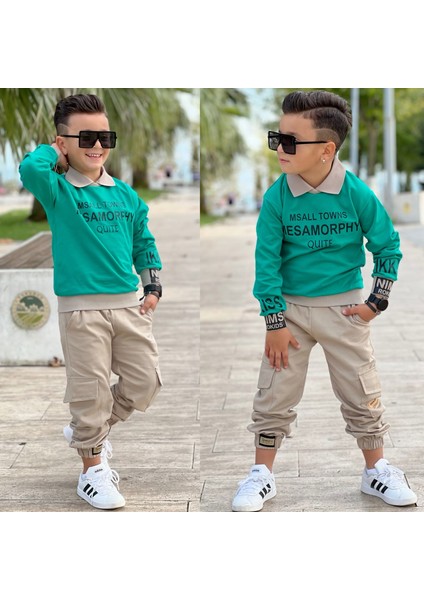 Gömlek Yaka Sweatshırt ve Gabardin Kargo Pantolon Erkek Çocuk Kombin fiyatları